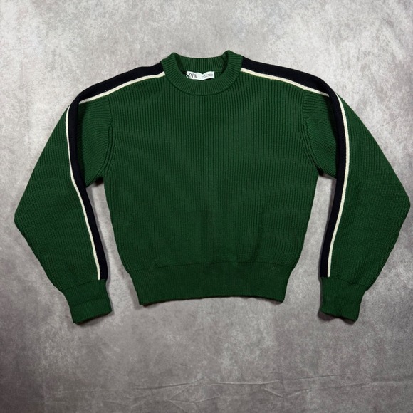 Zara Sweaters - Zara Women's M Green Ribbed Knit Sweater Sporty Stripe Crew Neck Medium Y2K
